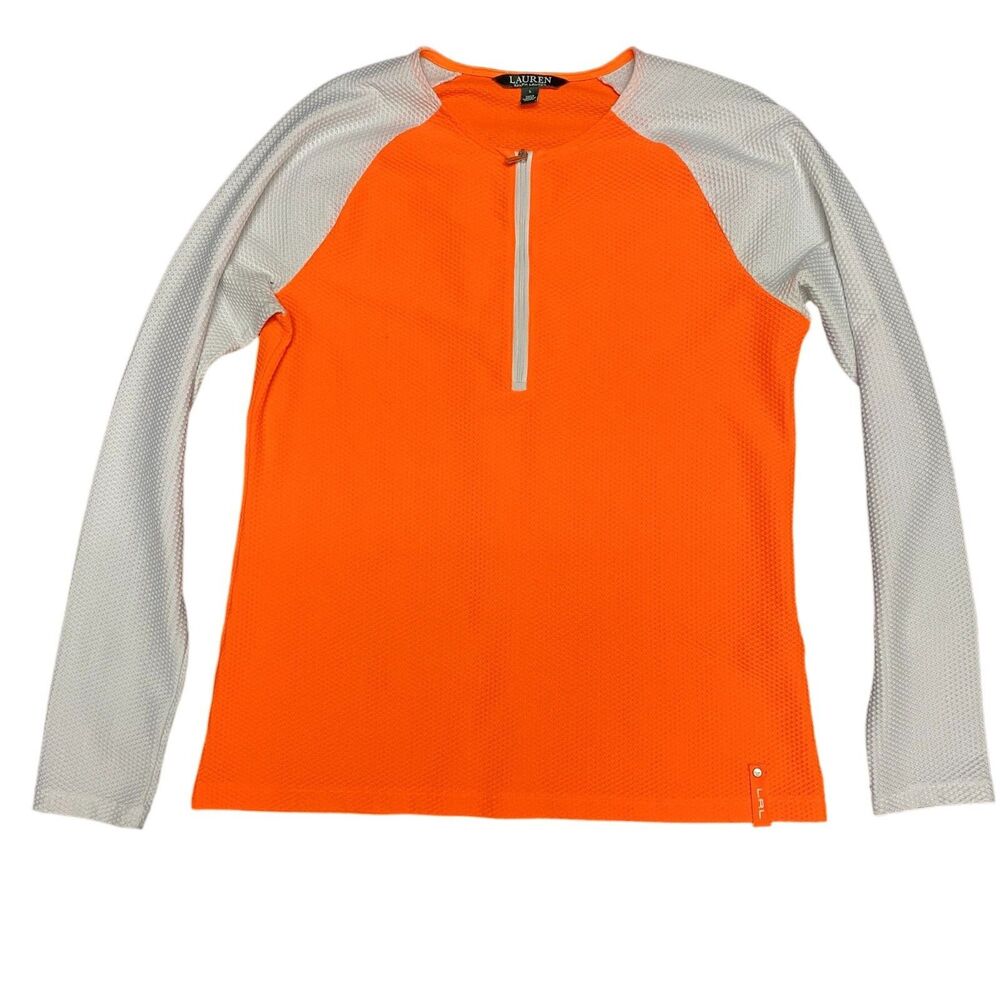 #7947 Lauren Ralph Orange and White 1/2 Zip Waffle weave top Pullover Size L